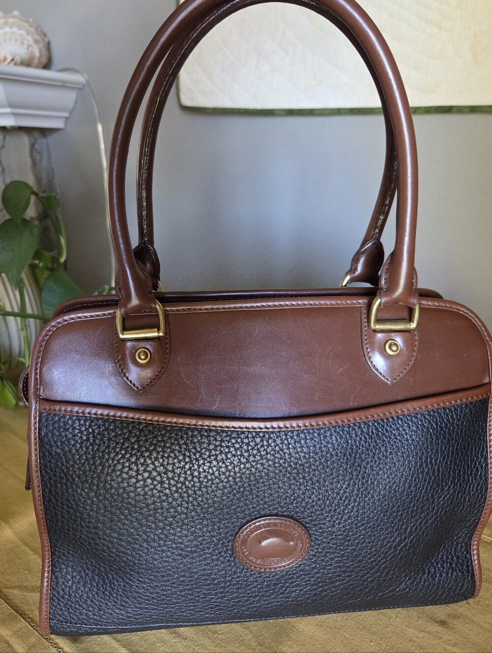 Vintage Dooney & Bourke All Weather Leather Black And Tan Leather Satchel